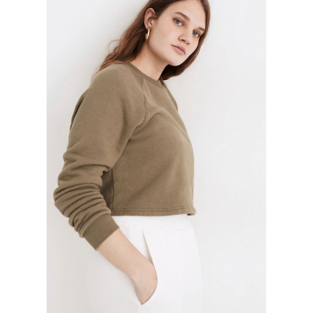 Madewell MWL Cropped Sweatshirt Olive Green Cotton French Terry Large Raglan